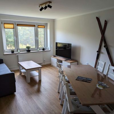 Ferienwohnung für Familien mit großem, hellen Wohnzimmer und Esstisch mit 6 Stühlen