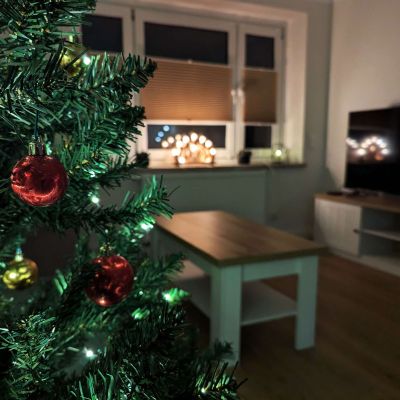 Geschmückter Weihnachtsbaum und Schwibbogen im Hintergrund